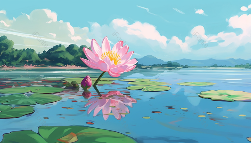 小清新夏天夏至荷花盛开开花荷叶植物水面户外景色自然插画,插画/手绘图,插画/手绘图库,插画/手绘图下载,插画/手绘